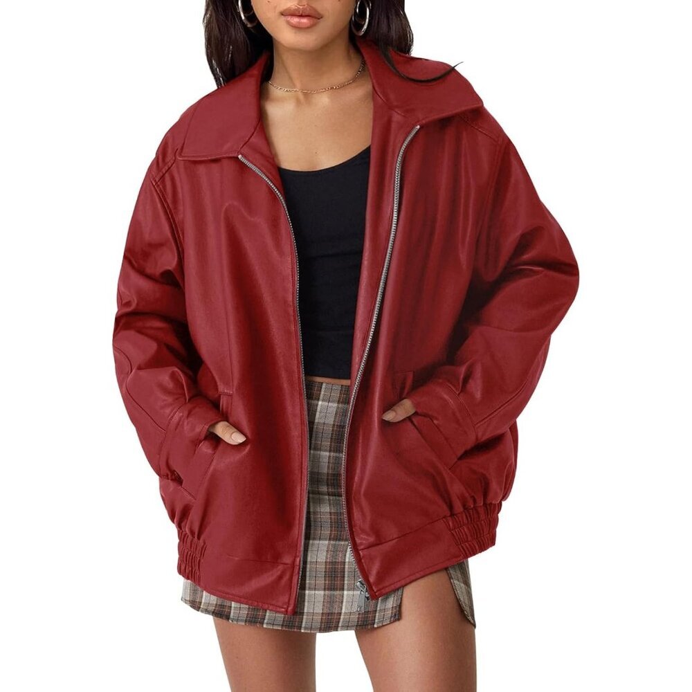 〽️Women's Casual Red Faux Leather Jacket Motorcycle Style Coat Stand-up Collar